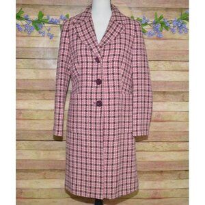 Cool I.E. Petite Ladies Pink & Plum Plaid Tweed Long Coat Size M Pockets Retro